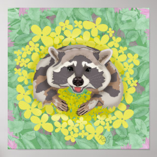 Racoon with yellow flowers  poster