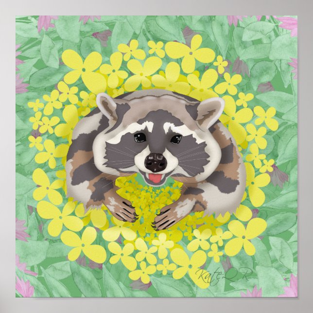 Racoon with yellow flowers  poster (Front)