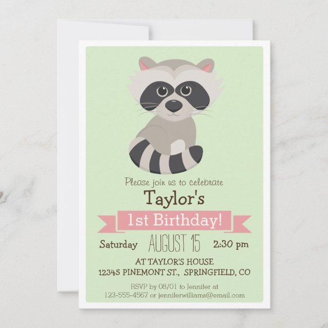 Racoon, Woodland Animal Kid's Birthday Party Invitation (Front)