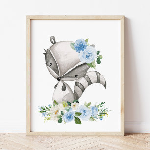 Racoon, Woodland Animals, Boho, Blue Flowers Photo Print