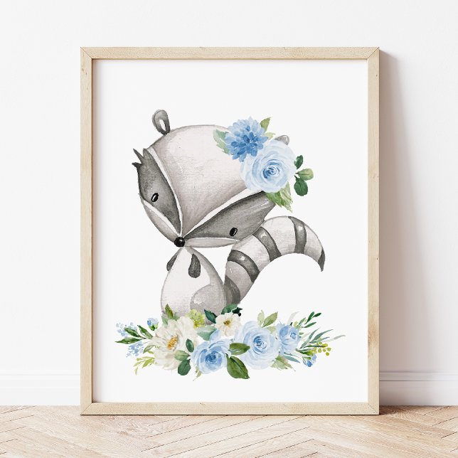 Racoon, Woodland Animals, Boho, Blue Flowers Poster (Creator Uploaded)