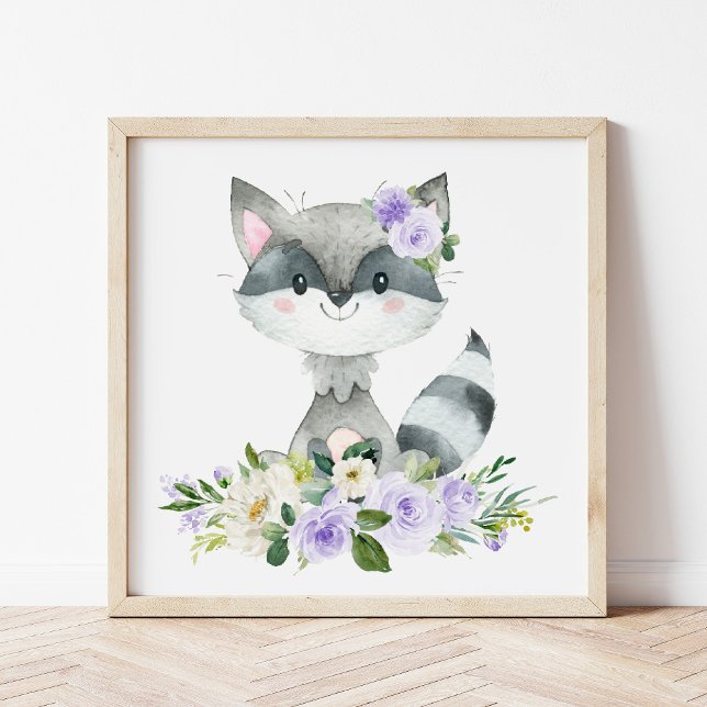 Racoon, Woodland Animals, Boho, Purple Flowers Poster (Creator Uploaded)
