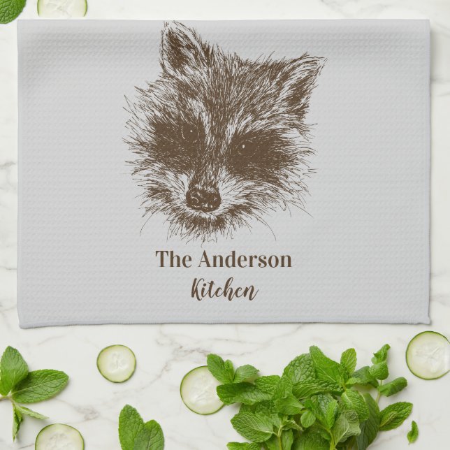 Racoon Woodland Creature Drawing Personalised Tea Towel (Folded)