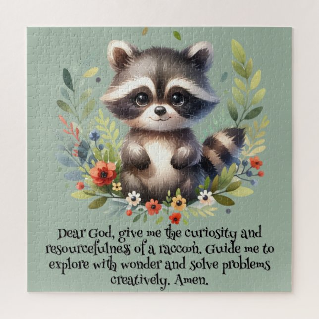 Racoon Woodland Kids Christian Prayer on Blue | Jigsaw Puzzle (Vertical)