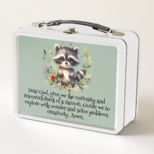 Racoon Woodland Kids Christian Prayer on Blue Metal Lunch Box