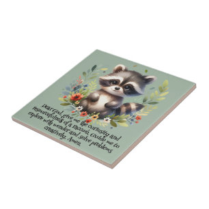 Racoon Woodland Kids Christian Prayer on Blue   Tile