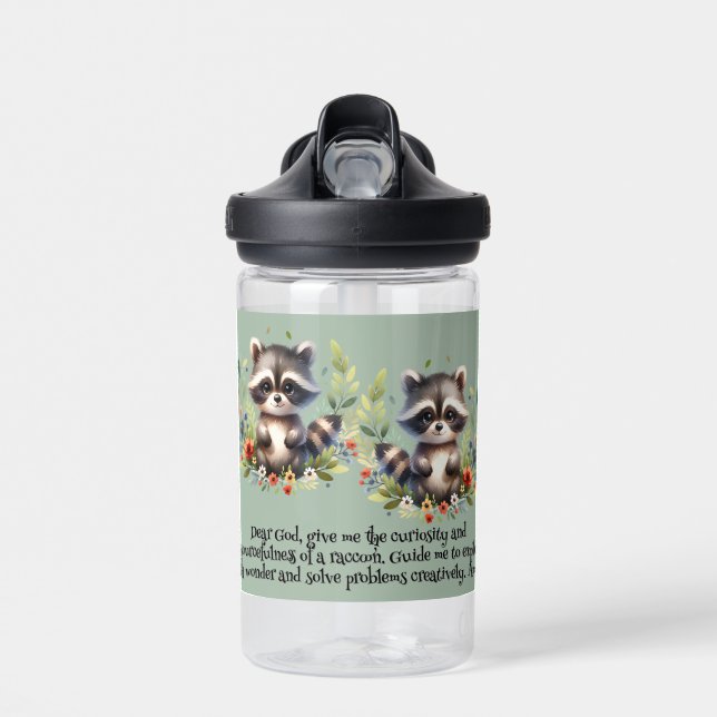 Racoon Woodland Kids Christian Prayer on Blue | Water Bottle (Front)