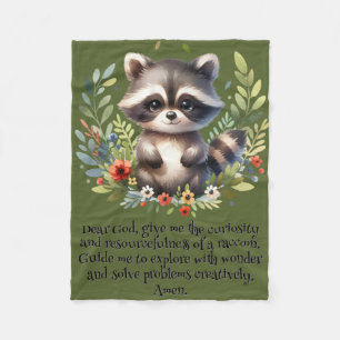Racoon Woodland Kids Christian Prayer on Green Fleece Blanket