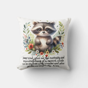 Racoon Woodland Kids Christian Prayer on White Cushion