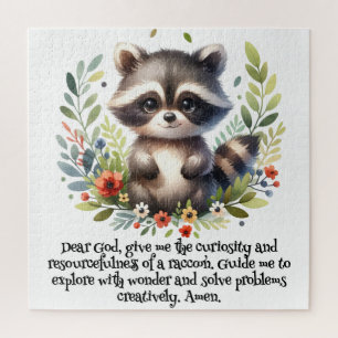 Racoon Woodland Kids Christian Prayer on White   Jigsaw Puzzle