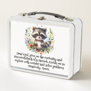 Racoon Woodland Kids Christian Prayer on White Metal Lunch Box