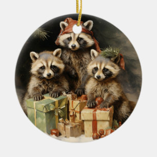 Racoons and Christmas Presents Ceramic Tree Decoration