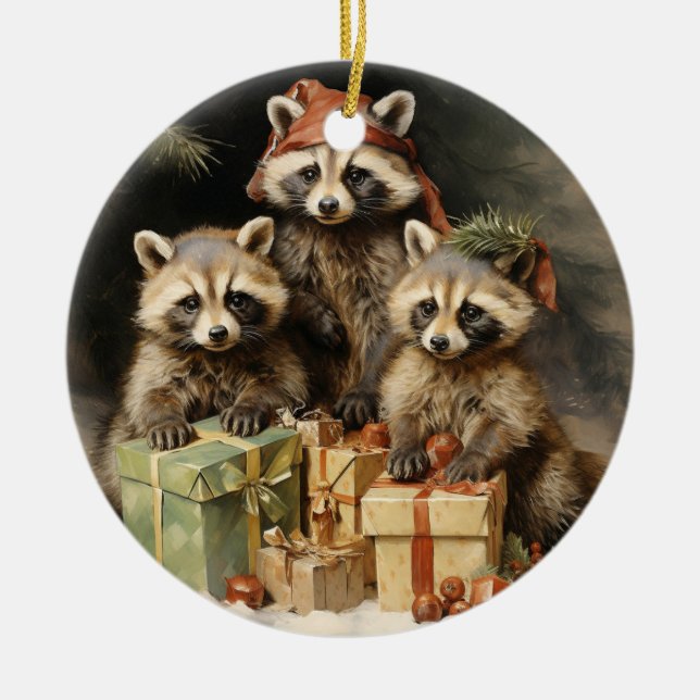 Racoons and Christmas Presents Ceramic Tree Decoration (Front)