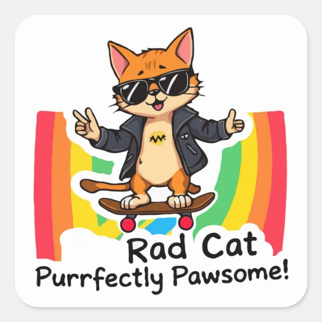 Rad Cat Skateboarding Square Sticker (Front)