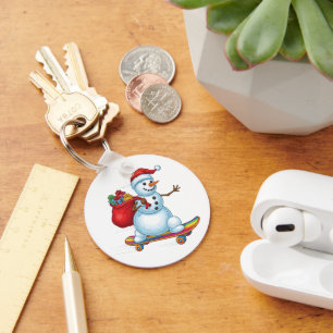 Rad Christmas Skateboarding Snowman Key Ring