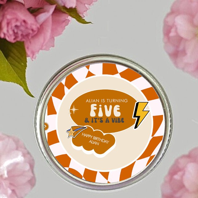 Rad Cool Dude | Boys Retro Chequered 5th Birthday  Classic Round Sticker (Creator Uploaded)