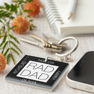 Rad Dad modern design custom kids names black Key Ring