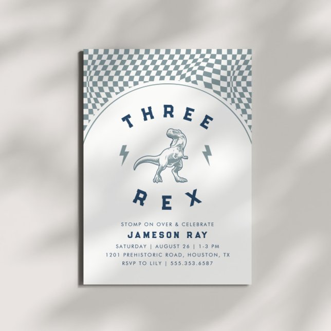 Rad Dinosaur Three Rex Boys Blue Birthday Invitation (Creator Uploaded)