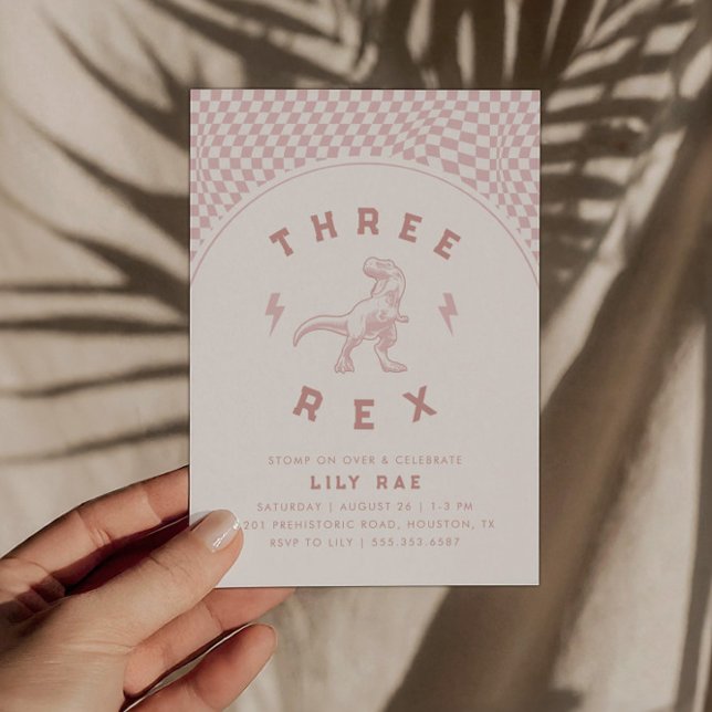 Rad Dinosaur Three Rex Pink Girls Birthday Invitation (Creator Uploaded)