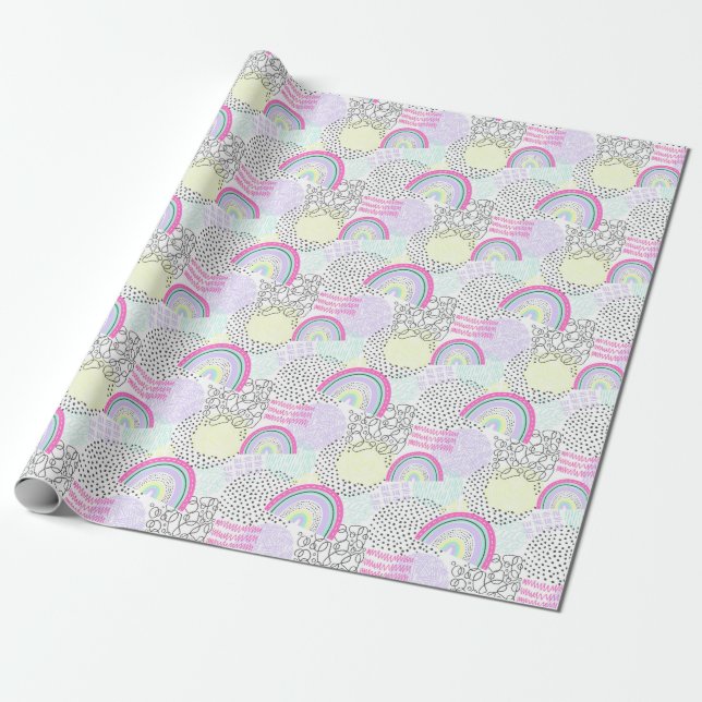 Rad Rainbow 90's Style Cute Girl's Birthday Party Wrapping Paper (Unrolled)