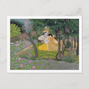 Radha and Krishna embrace in a grove of flowering Postcard