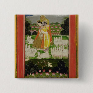 Radha and Krishna embrace in an idealised landscap 15 Cm Square Badge