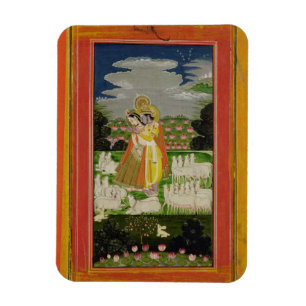 Radha and Krishna embrace in an idealised landscap Magnet