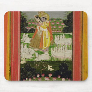 Radha and Krishna embrace in an idealised landscap Mouse Pad