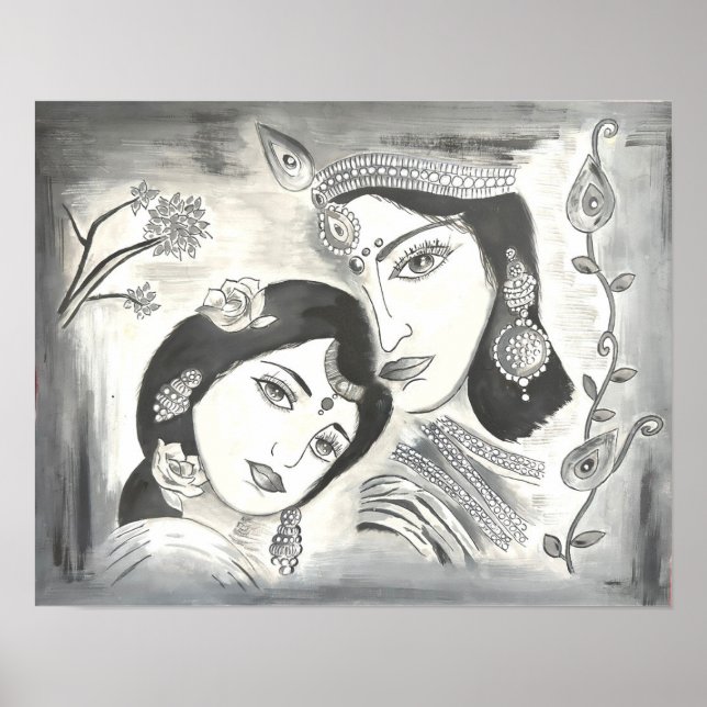Radha Krishna black and white Poster (Front)