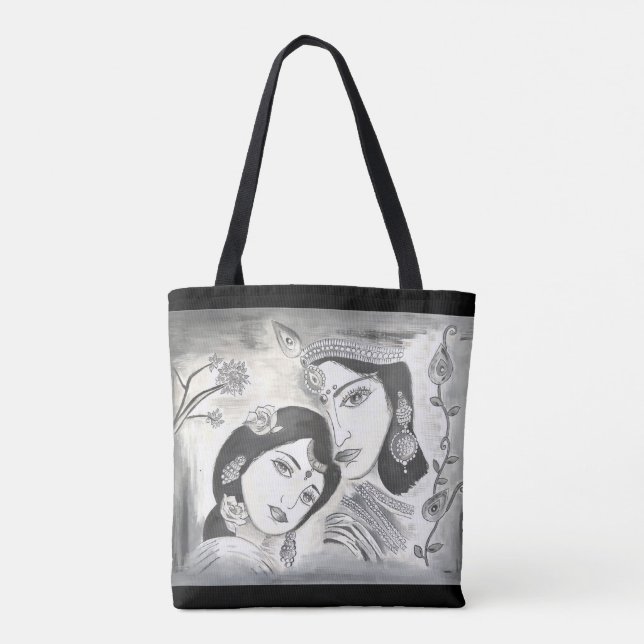 Radha Krishna black and white Tote Bag (Back)