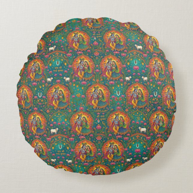 Radhe Krishna Pattern Round Cushion (Front)