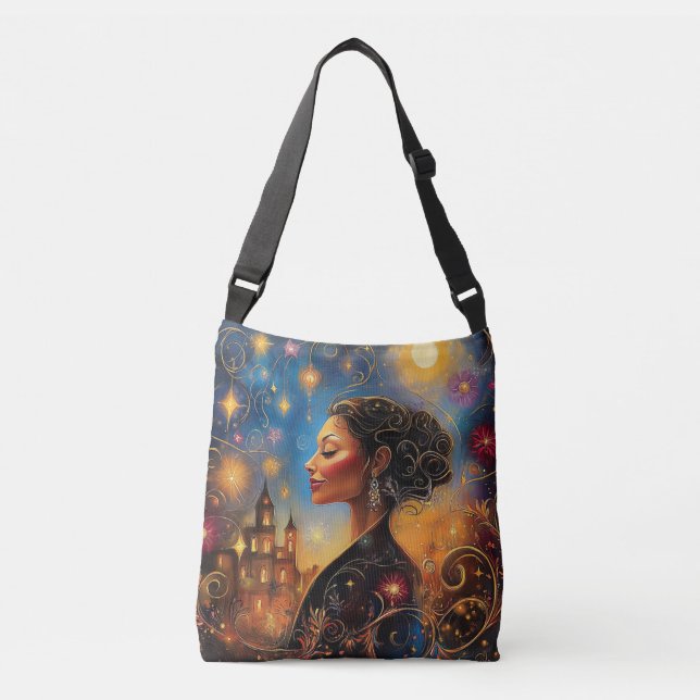 Radiant African American Woman Starry Sky Crossbody Bag (Front)