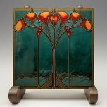 Radiant Amber Bloom  Tile<br><div class="desc">Immerse your home in the timeless beauty of the Radiant Amber Bloom Ceramic Tile, a striking piece of artistry printed by Zazzle. This flat ceramic tile, free of embossed features, showcases a mesmerising Art Nouveau design with intricate floral patterns in vivid amber hues against a deep jade background. The harmonious...</div>