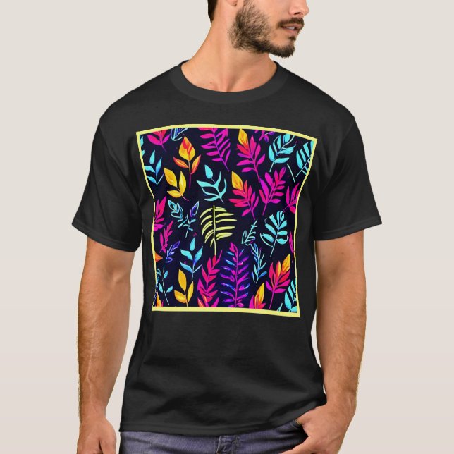 Radiant Autumn Glow: Neon-Hued Leaf Pattern T-Shirt (Front)