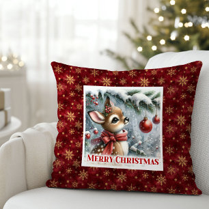 Radiant baby deer snowy forest Christmas scene Cushion