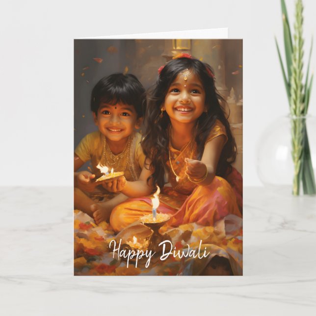 Radiant Blessings: Diwali Joy with Hindu Children Holiday Card (Front)