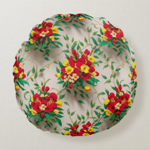 Radiant Bloom: A Vibrant Red and Yellow Floral Round Cushion