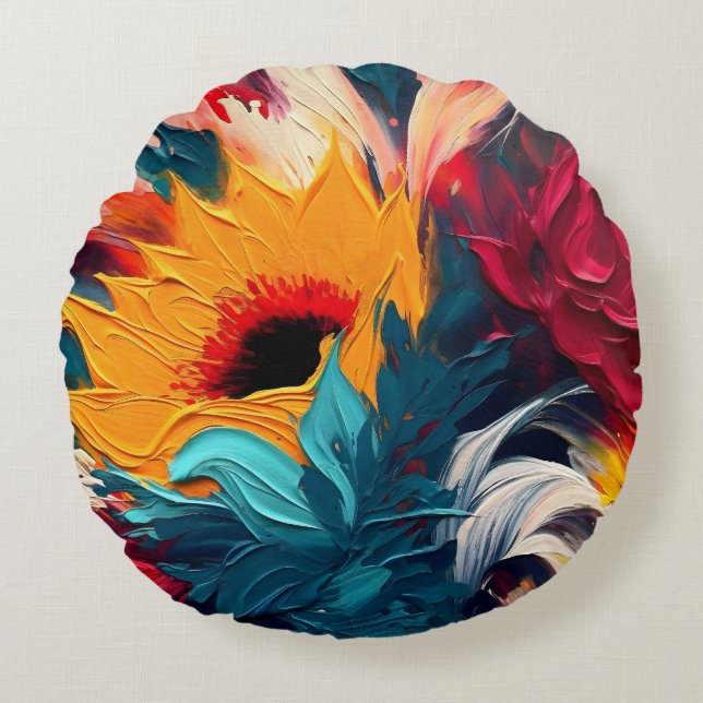 Radiant Bloom – Bold Abstract Floral Expression Round Cushion (Front)