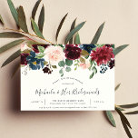 Radiant Bloom Bridesmaids Brunch Invitation<br><div class="desc">Chic floral bridesmaids brunch invitation features a top border of burgundy marsala,  blush pink,  and navy blue flowers,  with lush botanical foliage and greenery. Personalise with your bridesmaids luncheon or brunch details in modern hand lettered script and traditional sans serif lettering. Invitations reverse to rich navy blue.</div>