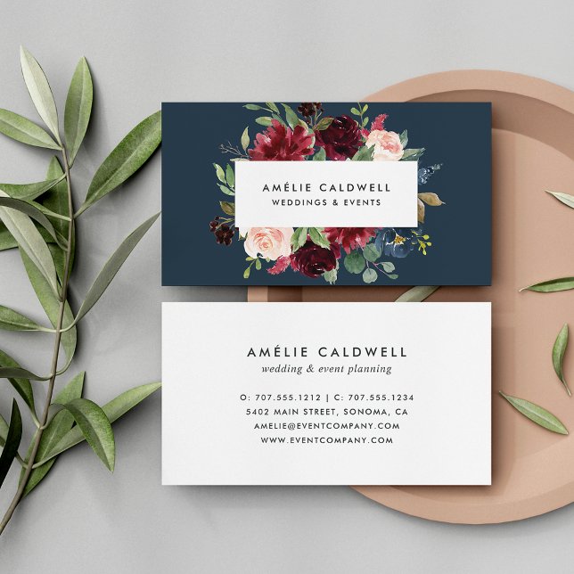 Radiant Bloom | Burgundy & Navy Floral Business Card (Creator Uploaded)