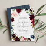 Radiant Bloom Floral Frame Wedding Invitation<br><div class="desc">Our Radiant Bloom wedding invitation surrounds your wedding day details with a frame of watercolor flowers in burgundy marsala, blush pink and navy blue, with green botanical foliage and eucalyptus leaves on a rich navy blue background. A beautiful choice in lush, saturated jewel tone colours for fall or winter weddings....</div>