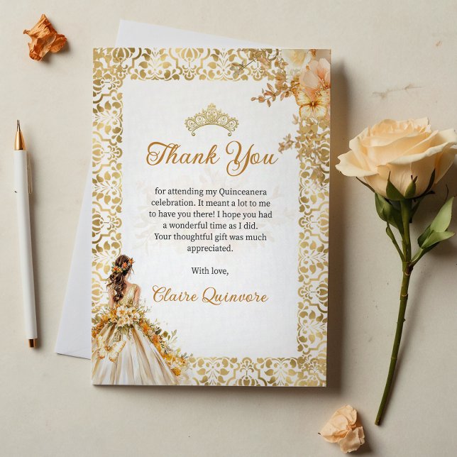 Radiant Bloom Floral Gold Photo Quinceanera Thank You Card (Creator Uploaded)
