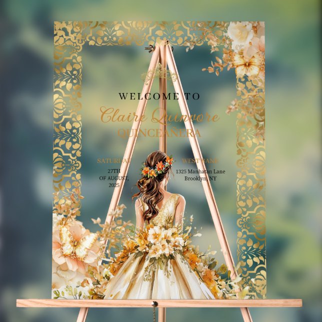 Radiant Bloom Floral Gold Princess Quinceañera  Acrylic Sign (Neutral)