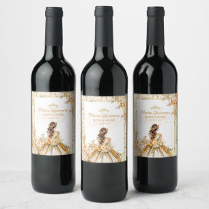 Radiant Bloom Floral Gold Princess Quinceanera Wine Label