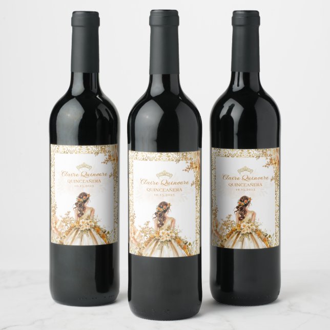 Radiant Bloom Floral Gold Princess Quinceanera Wine Label (Bottles)
