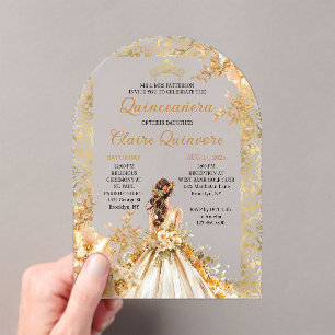 Radiant Bloom Floral Princess Gold Quinceanera  Acrylic Invitations