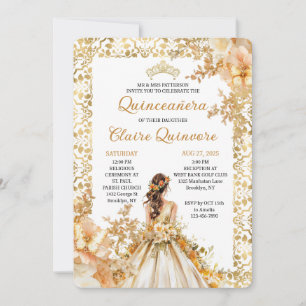 Radiant Bloom Floral Princess Gold Quinceanera Inv Invitation