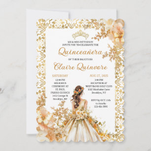 Radiant Bloom Floral Princess Gold Quinceanera Inv Invitation