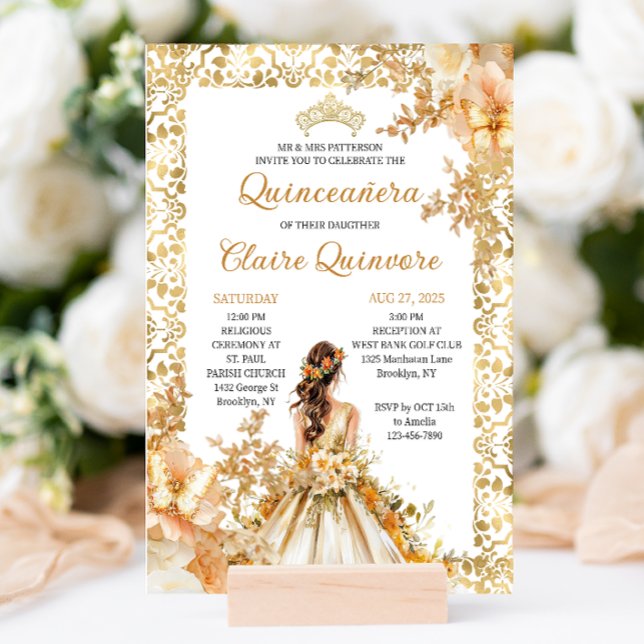 Radiant Bloom Floral Princess Gold Quinceanera Invitation (Creator Uploaded)