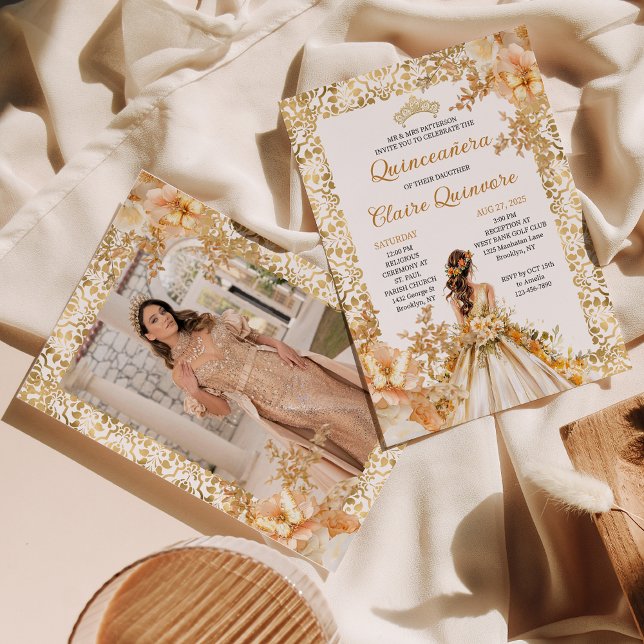 Radiant Bloom Floral Princess Photo Quinceanera Invitation (Creator Uploaded)